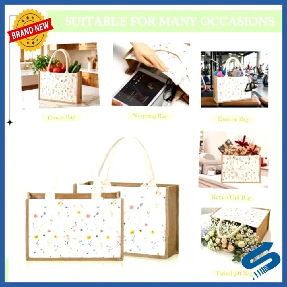 Large Floral Burlap Tote Bags Reusable Grocery Shopping Party Gift Set